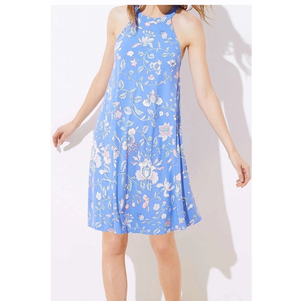 Ann Taylor LOFT Floral Cutout Back Halter Swing Dress Blue Womens Size Large